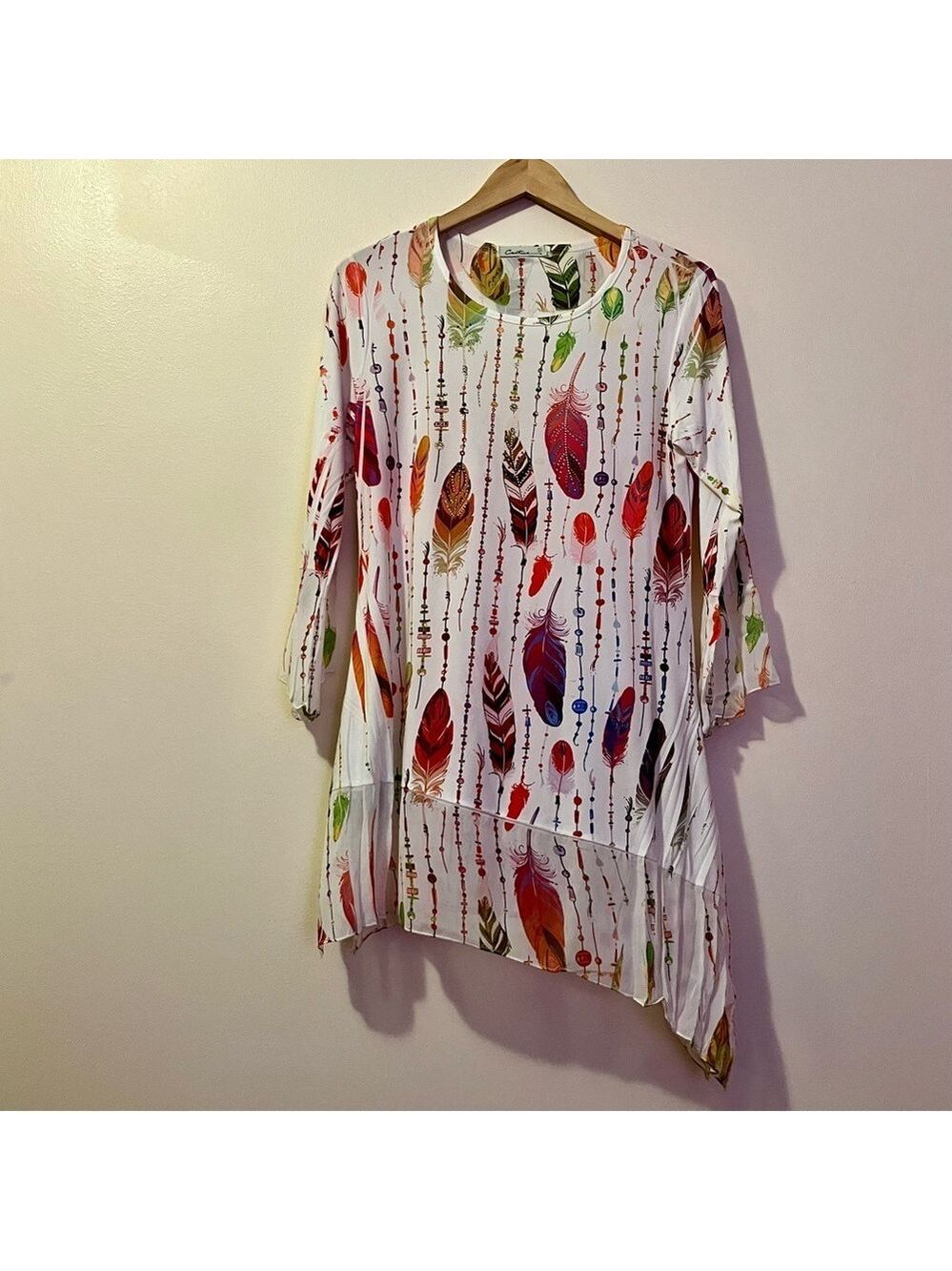 Cactus Feather Print Asymmetrical Tunic Top Boho Flowy Bell Sleeve S